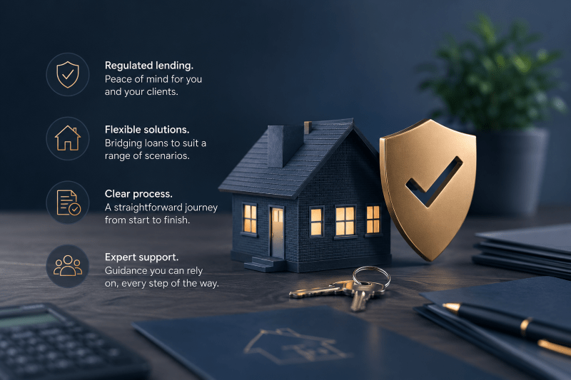 Second Mortgage guidance with house, shield, keys and lending icons representing regulated borrowing, flexible finance and expert support.