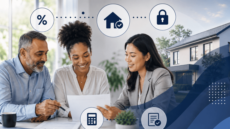 Secure a Remortgage Before Your Rate Ends: diverse homeowners reviewing remortgage paperwork with an adviser, alongside home, rate, security and approval icons in Connect Mortgages’ dark blue branded style.