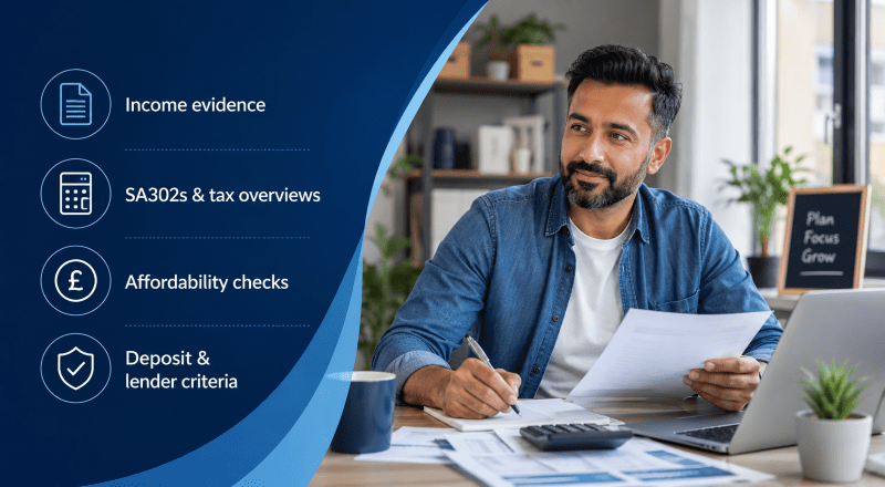 Self-Employed Mortgage Obstacles guide showing income evidence, SA302s, affordability checks and lender criteria icons beside a self-employed applicant reviewing mortgage paperwork.