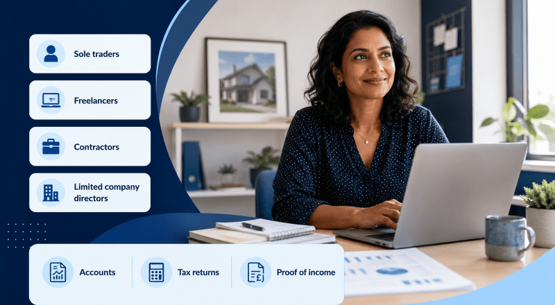 Self-Employed Mortgages hero image showing a self-employed professional working from a home office, with icons for sole traders, freelancers, contractors, limited company directors, accounts, tax returns and proof of income.