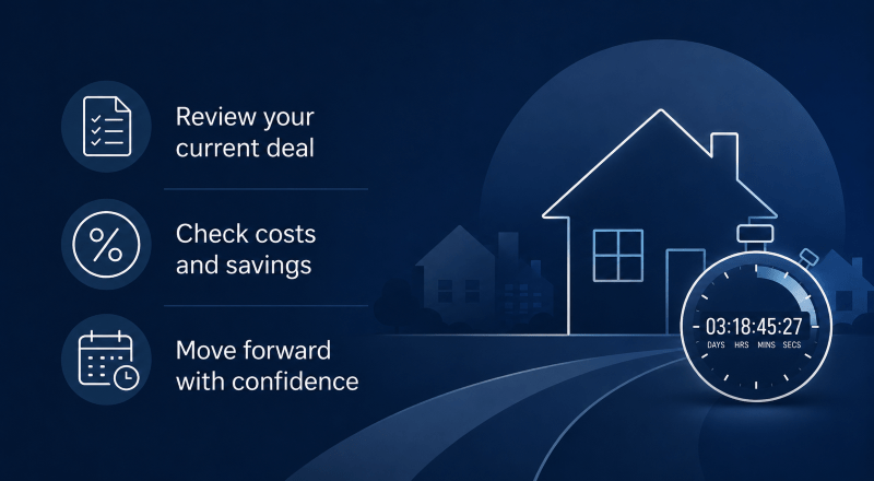 Should you brave remortgaging? Hero image showing key remortgage steps, including reviewing your current deal, checking costs and savings, and moving forward with confidence, alongside a countdown timer to show a client’s rate coming to an end.
