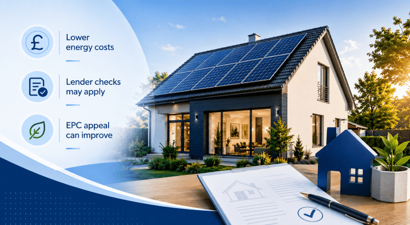 Solar panels and mortgages hero image showing a modern home with rooftop solar panels, mortgage document, energy cost icon and lender check icons.