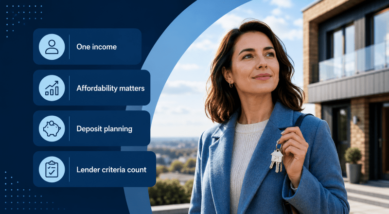 Solo Mortgage Surge hero image showing a confident single homebuyer holding keys, with icons for one income, affordability, deposit planning and lender criteria.