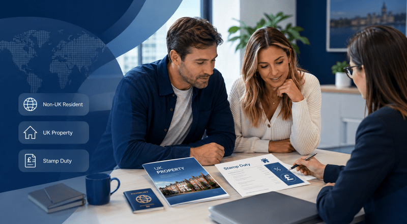 Stamp Duty for Non-UK Residents Buying Property, showing a white couple meeting an adviser to review UK property and stamp duty documents in a modern office.
