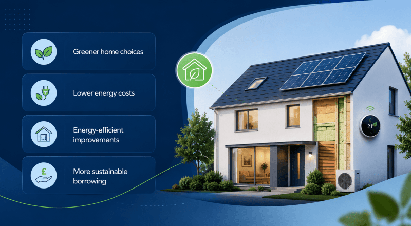 Sustainable Mortgages hero image showing an energy-efficient home with solar panels, eco icons and sustainable borrowing callouts in dark blue and light blue branding.