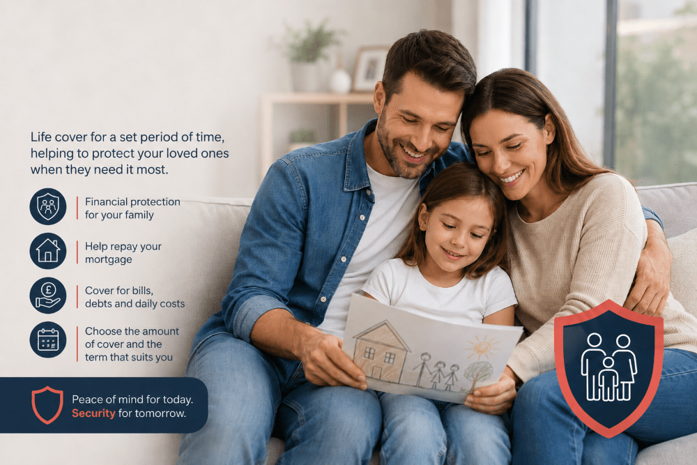 Term life insurance hero image showing a family at home with icons for financial protection, mortgage repayment, bills and chosen cover term.