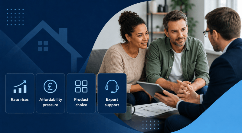 The Challenges Homeowners Face After Rate Rises, showing a mixed couple discussing mortgage affordability, product choice and expert support with a mortgage adviser.