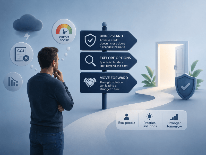 The Fear of Adverse Credit hero image showing a real person reflecting on credit challenges, with icons for CCJ, credit score and financial concerns, alongside signposts for understanding, exploring options and moving forward towards a stronger financial future.