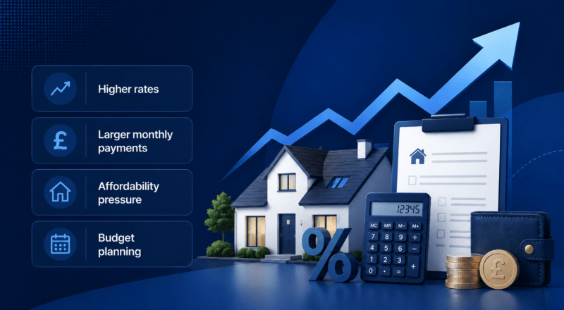 The Rising Costs of Mortgages illustrated with rising rates, larger monthly payments, affordability pressure and budget planning icons in a blue mortgage finance design