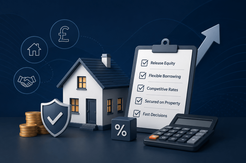 he Second Charge Mortgage Market illustrated with a 3D home, secured lending checklist, calculator, coins and mortgage finance icons