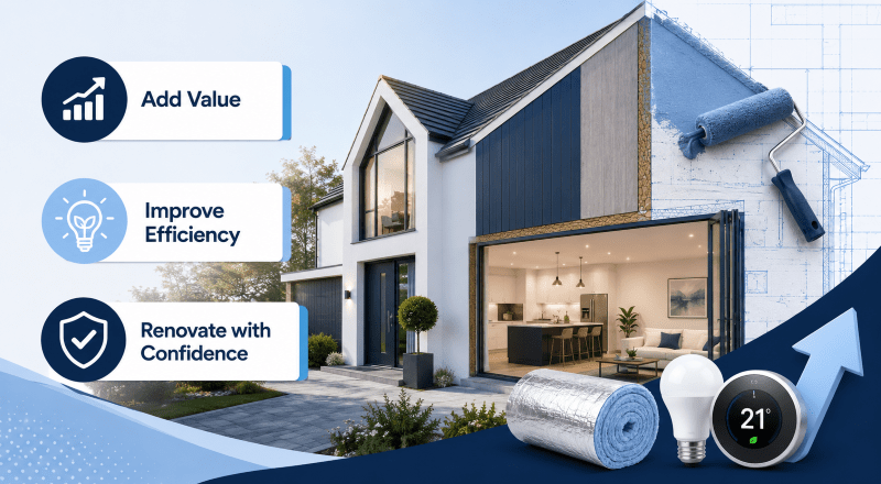The Significance of Renovating Your Home with energy efficiency, property value and home improvement icons in Connect Mortgages brand colours.