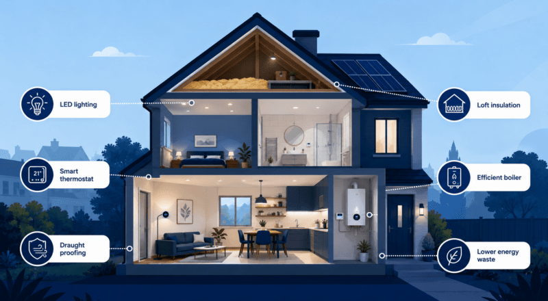 Things To Do To Save Energy in Your Home, showing a modern house with energy-saving icons for LED lighting, loft insulation, smart thermostat, draught proofing, efficient boiler and reduced energy waste.