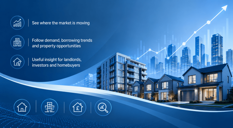 Trending Market Sectors hero image showing a blue-toned property and finance scene with rising market chart, modern homes, city buildings and icons representing housing, investment and market insight.