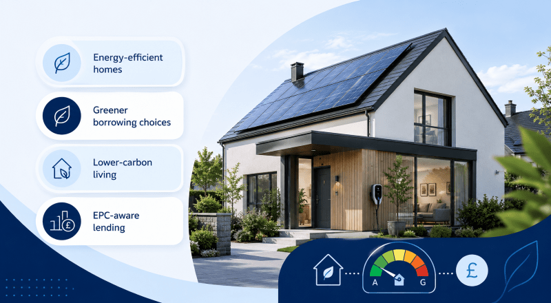 UK Green Mortgages & Net Zero Homes hero image showing an energy-efficient house with solar panels, EPC lending icons, and green mortgage callouts.