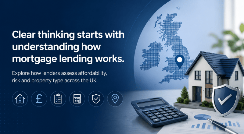 UK Mortgage Lending guide with UK map, home, calculator and protection icons explaining lender affordability, risk and property assessment.