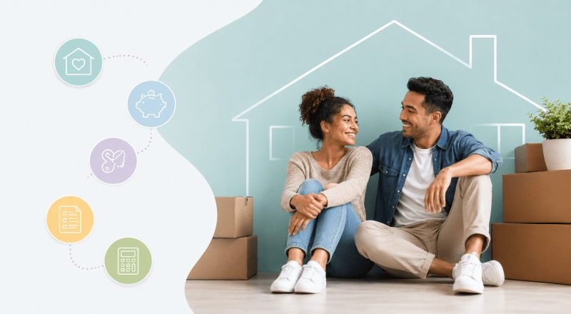 Understanding First-Time Buyers hero image showing a mixed-ethnicity couple sitting among moving boxes, with home-buying icons and a house outline in Connect Mortgages brand colours.
