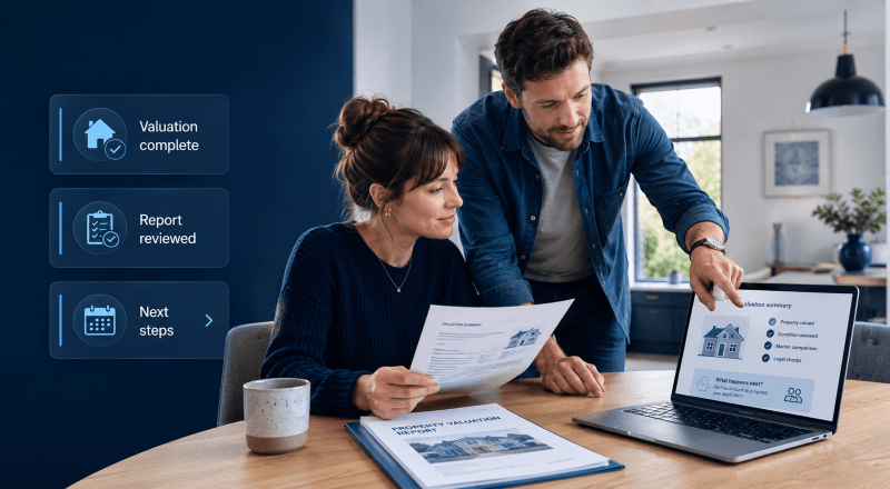 What Happens After a Mortgage Valuation? Couple reviewing a property valuation report with mortgage next-step icons on a blue branded background.