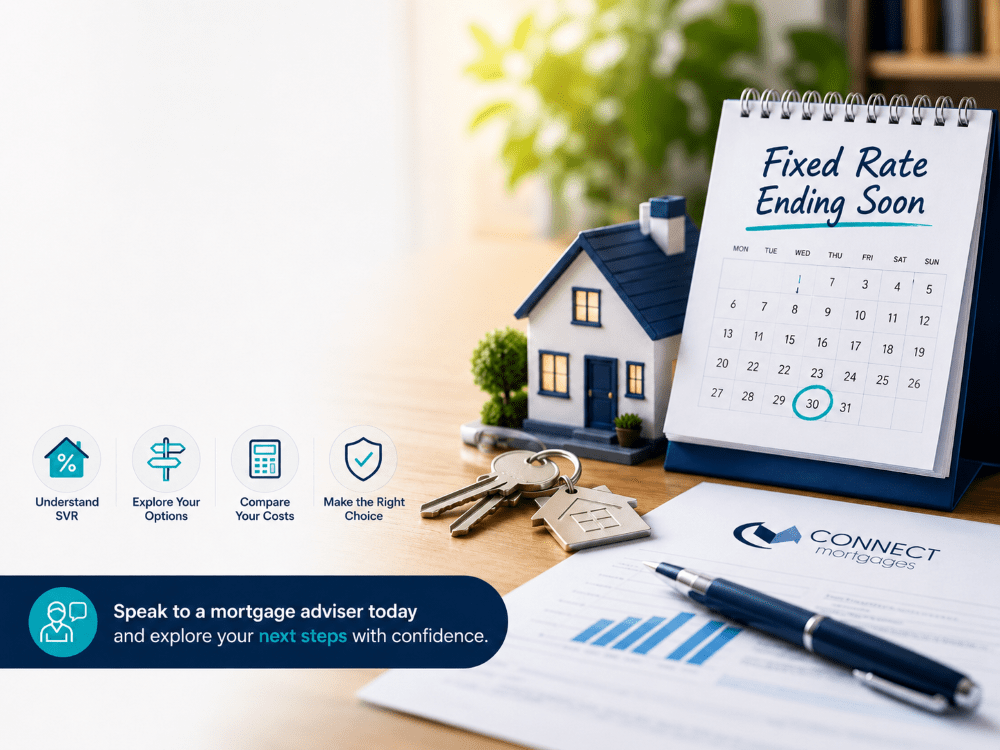 Hero image for What Happens When a Fixed Rate Ends? showing a desk scene with a model house, keys, a calendar marked for a fixed rate ending soon, mortgage paperwork, and Connect Mortgages branding.