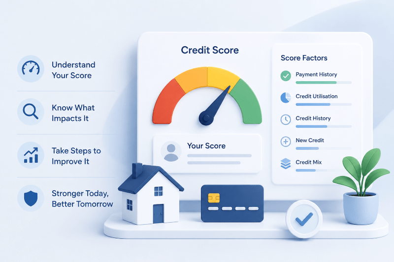 What Is a Bad Credit Score? Credit score guide with icons showing payment history, credit utilisation, credit history and steps to improve mortgage readiness.