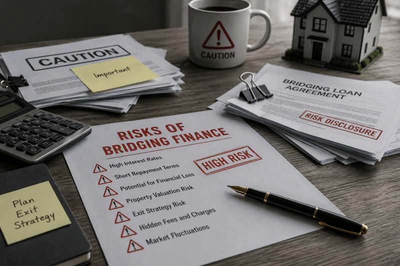 What are the Risks of Bridging Finance? Documents showing bridging loan risk warnings, high interest rates, exit strategy risk, property valuation risk and financial caution.