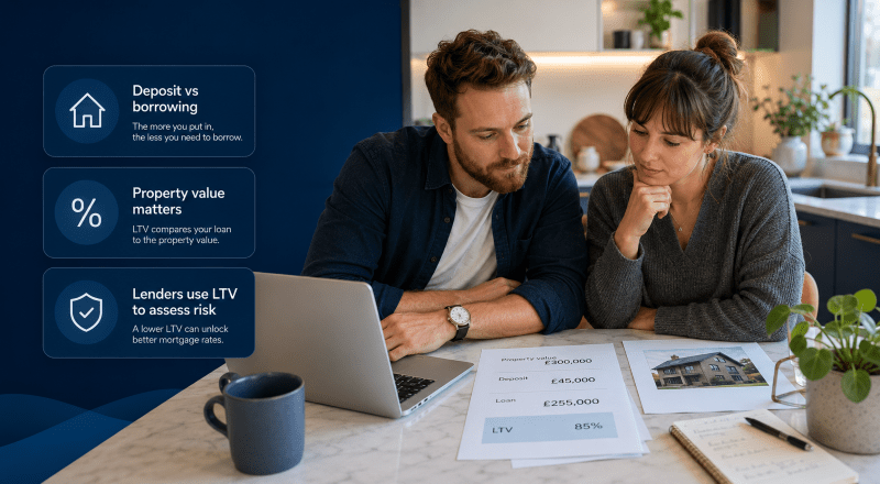 What is Loan-to-Value? Couple reviewing mortgage deposit, property value and borrowing details with LTV guidance icons.