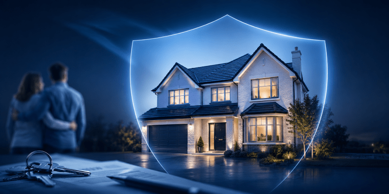 Why Buildings Insurance Is Essential for Homeowners hero image showing a family home protected by a blue shield, with keys and documents symbolising mortgage and home insurance protection.
