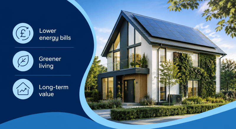 Why Eco-Friendly Homes are the Future of Living hero image showing a modern energy-efficient home with solar panels, greenery, and icons for lower energy bills, greener living, and long-term value.