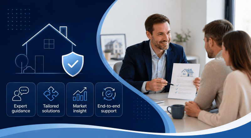 Why Expert Mortgage Advice Matters: adviser explaining mortgage options to clients with icons for expert guidance, tailored solutions, market insight and end-to-end support.