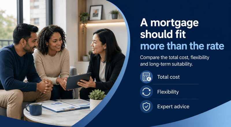 Why Good Mortgage Rates Matter – a diverse couple discussing mortgage options with an adviser, with icons for total cost, flexibility and expert advice.