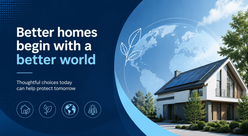 Why We Champion World Environment Day hero image showing a sustainable modern home, solar panels, globe and environmental icons in Connect Mortgages blue branding.