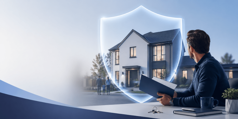 Why do I need landlord insurance? hero image showing a rental property protected by a shield, with a landlord reviewing documents to represent buildings cover, tenant risk and property protection.