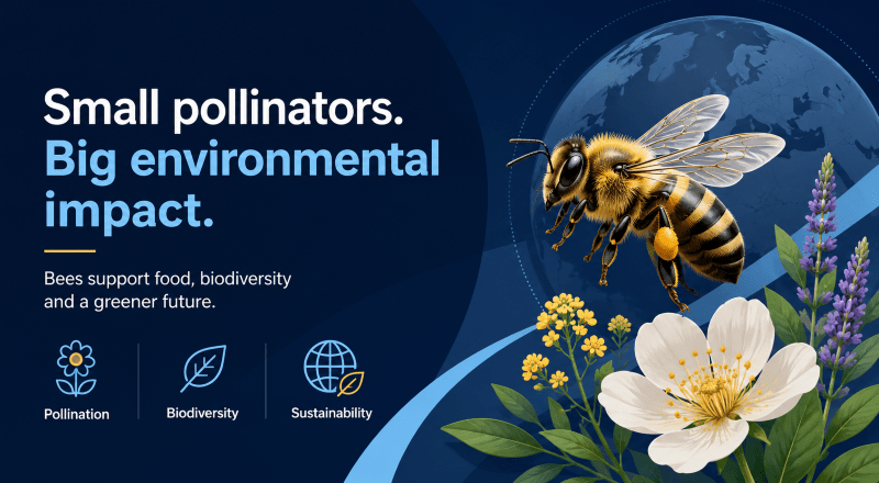 Why the Survival of Bees Matters? Hero image showing a bee, flowers, leaves and sustainability icons on a dark blue Connect Mortgages branded background.