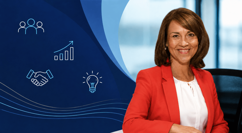 Women in Mortgage Finance hero image featuring Liz Syms with leadership, growth, collaboration and innovation icons in Connect Mortgages blue brand colours.