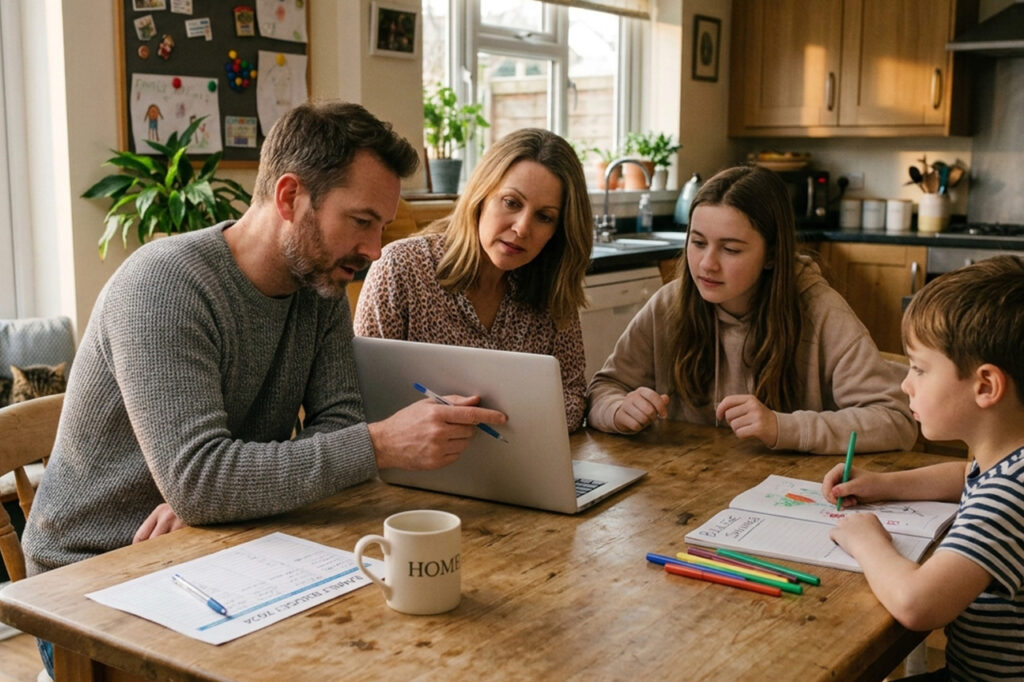 Family reviewing household finances together at home, representing education finance planning for school fees and children’s future education costs.