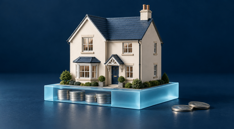 Choosing Your Mortgage Deposit – model home on a light blue foundation containing silver coins, against a dark navy background.