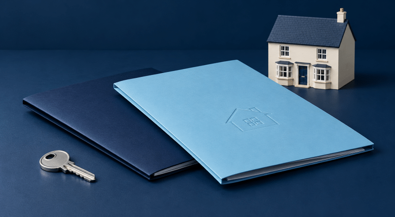 Change Mortgage Deal Before Completion – overlapping blue mortgage folders beside a model home and silver house key.