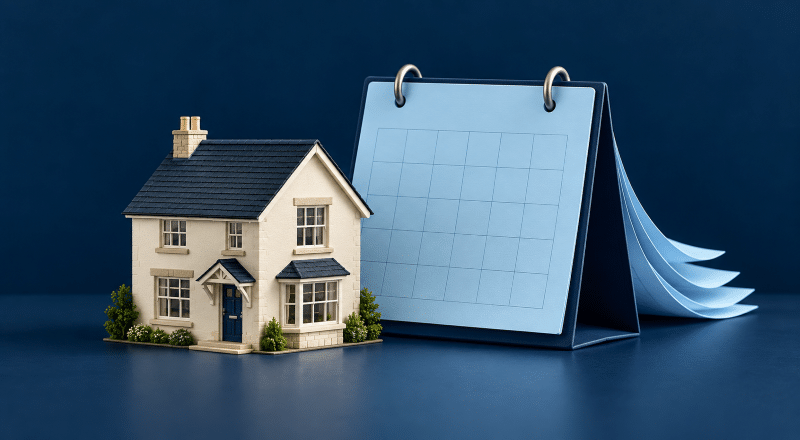 Choosing Mortgage Term – model home beside a blue desk calendar with curved pages, illustrating mortgage repayment planning.